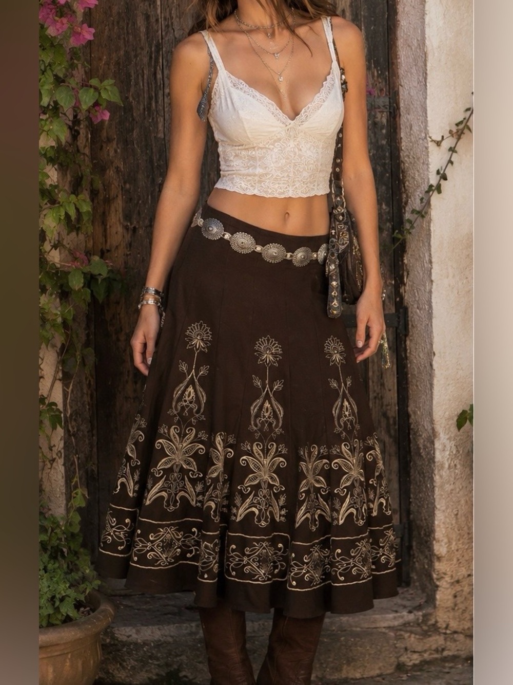 Y2K Sunny Leigh Chocolate Brown Creme Floral Embroidered Pleated Midi Skirt Sz 4